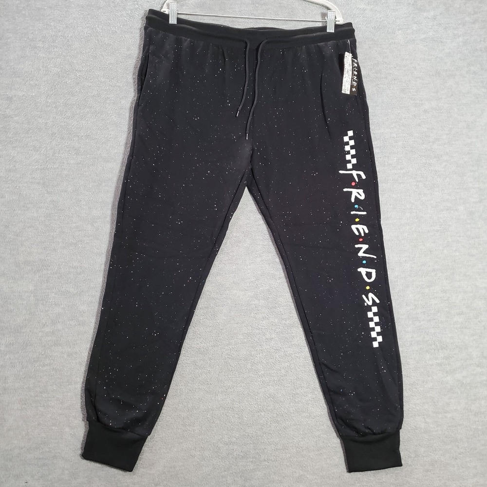 FRIENDS Men Activewear Pants 2XL Black Polka Dot Jogger Paint Splatter Logo NWT